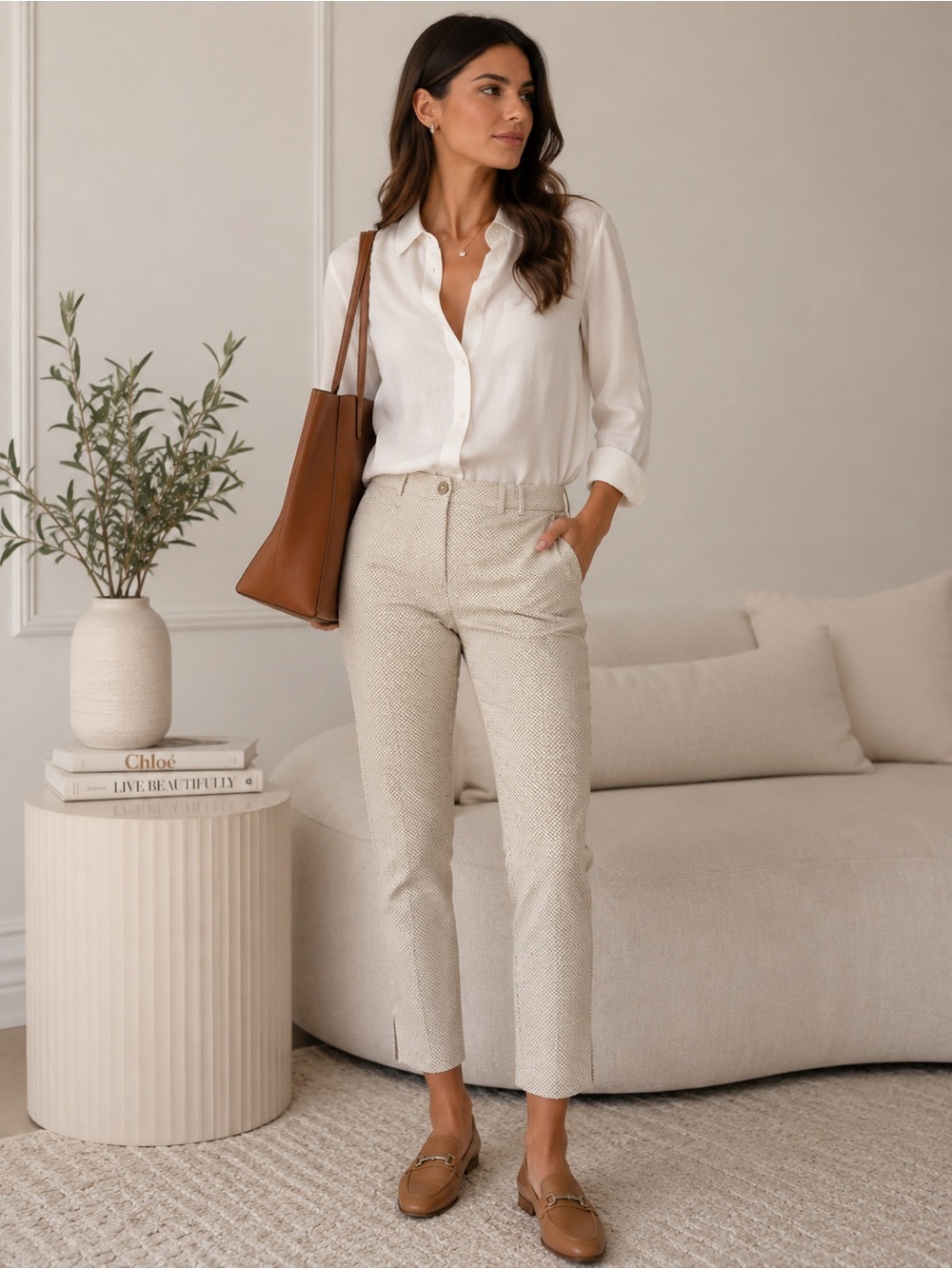 97% cotton Slim Ankle Pants Size 8 | Beige Stretch Office & Business Casual
